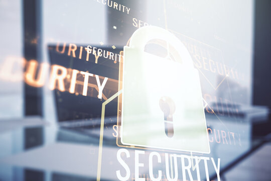 Creative light lock illustration with microcircuit on modern computer background, cyber security concept. Multiexposure