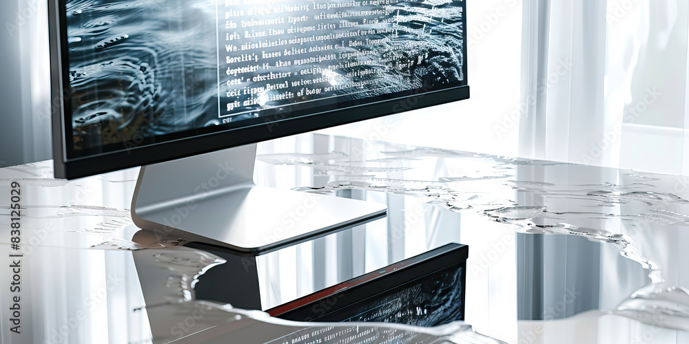 Poster the crystal clear clarity of data. a computer monitor displaying crisp, clean text, reflecting in a 