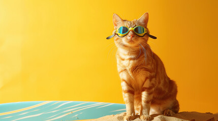 a cat on the beach on a sapboard wearing swimming goggles