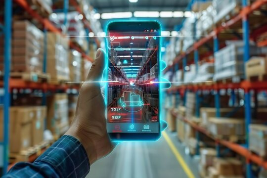 Package picking and delivery are identified by a smart warehouse management system that uses augmented reality technology. Concept of the future for logistics and supply chains, Generative AI.