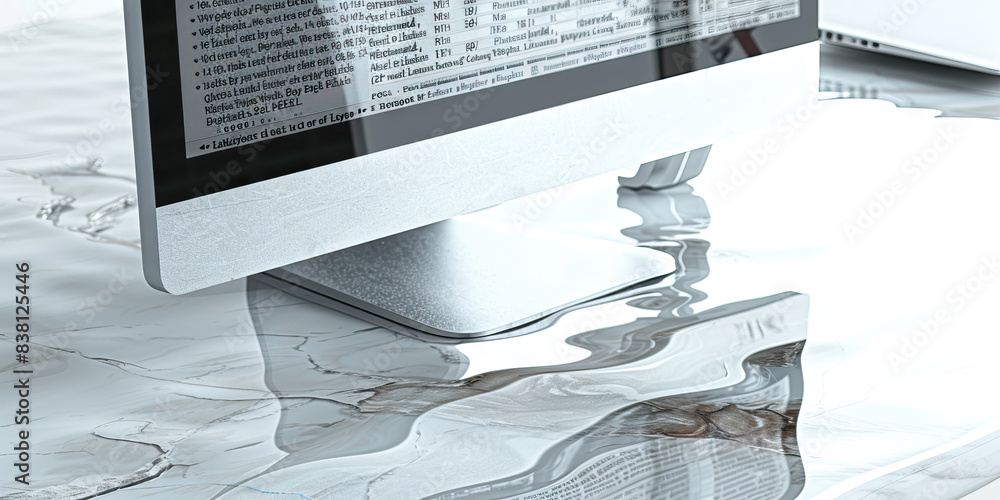 Poster the crystal clear clarity of data. a computer monitor displaying crisp, clean text, reflecting in a 