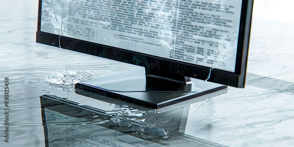 Poster the crystal clear clarity of data. a computer monitor displaying crisp, clean text, reflecting in a 