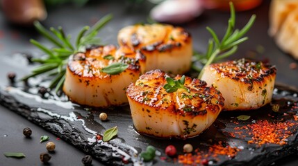 Grilled scallops garnished with herbs and spices