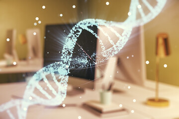 Creative light DNA illustration on modern computer background, science and biology concept....