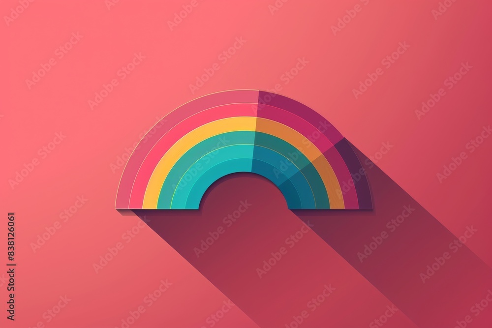Poster flat design rainbow arc with long shadows against a solid color background symbolizing pride and mod