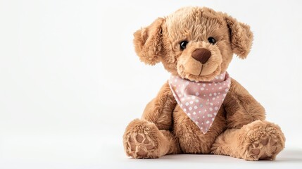 Obraz premium Isolated image of a plush toy dog with a cute bandana, soft and cuddly, set against a white background, ideal for childrens comfort and imaginative play