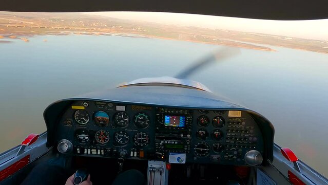 Pilot Flying Solo. Single Engine Propeller Training Aircraft Flight