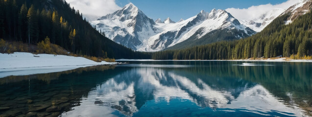 Serene mountain lake, pristine waters and snow-capped peaks.