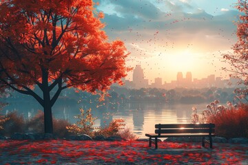 Obraz premium A stunning autumnal scene featuring a park bench overlooking a serene lake during sunset, with vibrant red foliage and a peaceful atmosphere