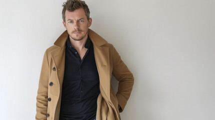 Fototapeta premium An elegant man in a trench coat exudes a strong sense of confidence and style, posing seriously against a neutral wall