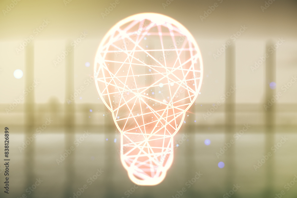 Poster abstract virtual light bulb hologram on empty classroom background, idea concept. multiexposure