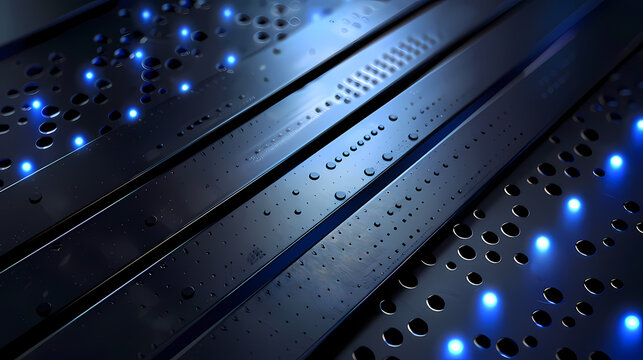 Close-up of a futuristic server rack with blue LED lights, emphasizing the sleek design and high-tech environment of a data center.