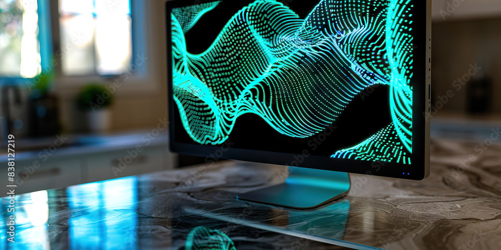 Poster the swirling turquoise tides of data. a computer monitor displaying intricate turquoise patterns, cr