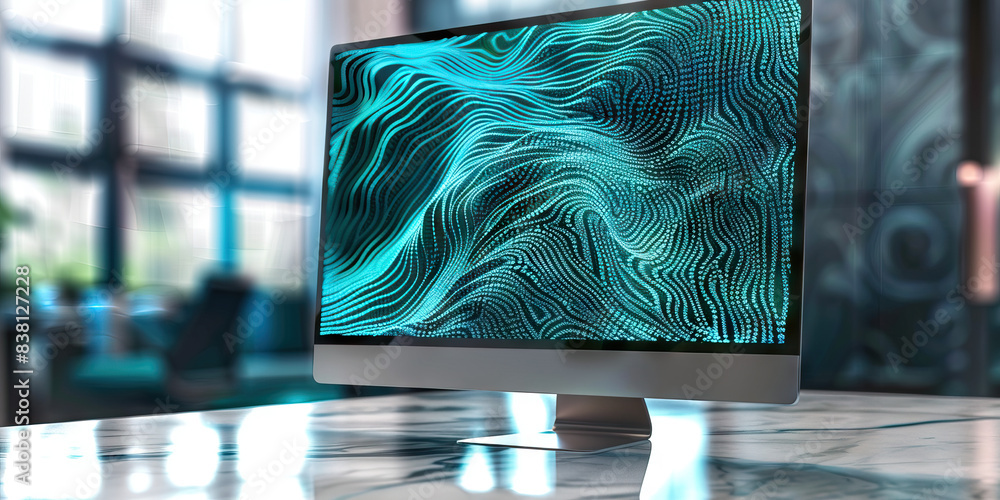 Poster the swirling turquoise tides of data. a computer monitor displaying intricate turquoise patterns, cr