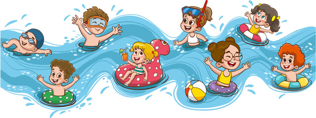  cute kids having fun in swimming pool at summer camp. Children having fun in backyard. Kids playing in swimming pool outdoors. Summer camp activities with water splash. Summer background.
