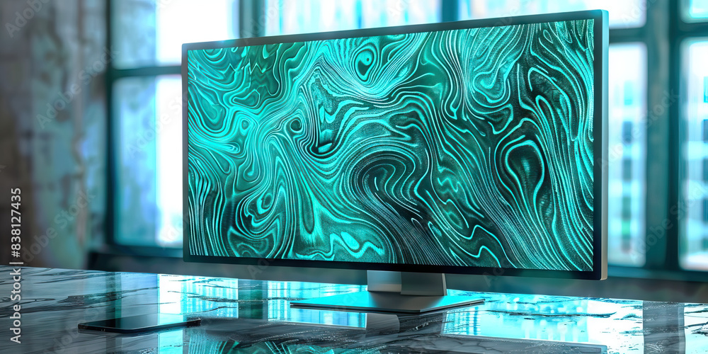 Poster the swirling turquoise tides of data. a computer monitor displaying intricate turquoise patterns, cr