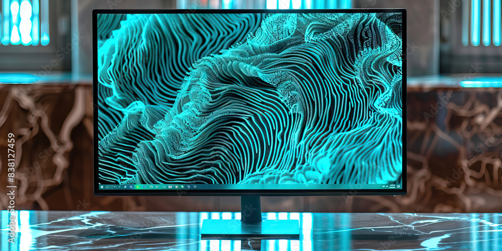 Poster the swirling turquoise tides of data. a computer monitor displaying intricate turquoise patterns, cr