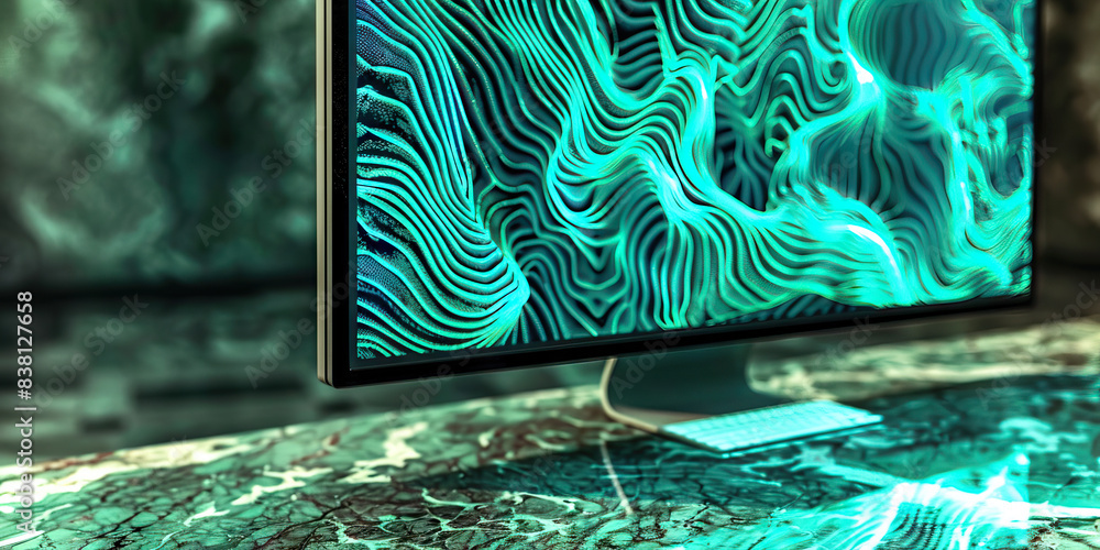 Poster the swirling turquoise tides of data. a computer monitor displaying intricate turquoise patterns, cr