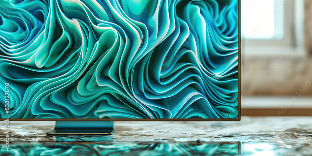 Poster the swirling turquoise tides of data. a computer monitor displaying intricate turquoise patterns, cr