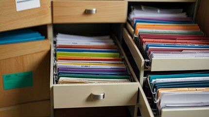 Closeup of open storage cabinet drawer with folders of paperwork documents.