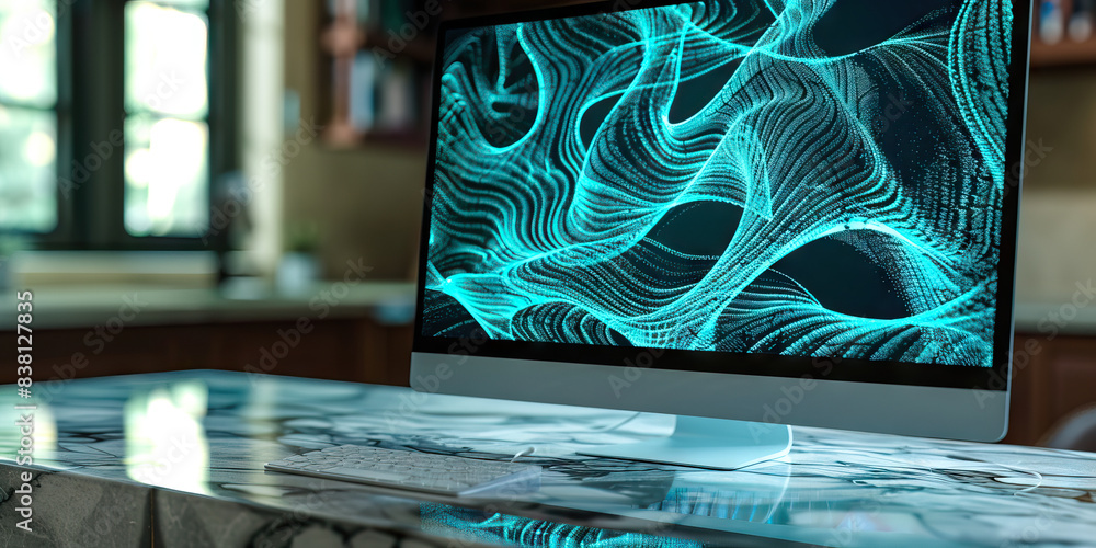 Poster the swirling turquoise tides of data. a computer monitor displaying intricate turquoise patterns, cr