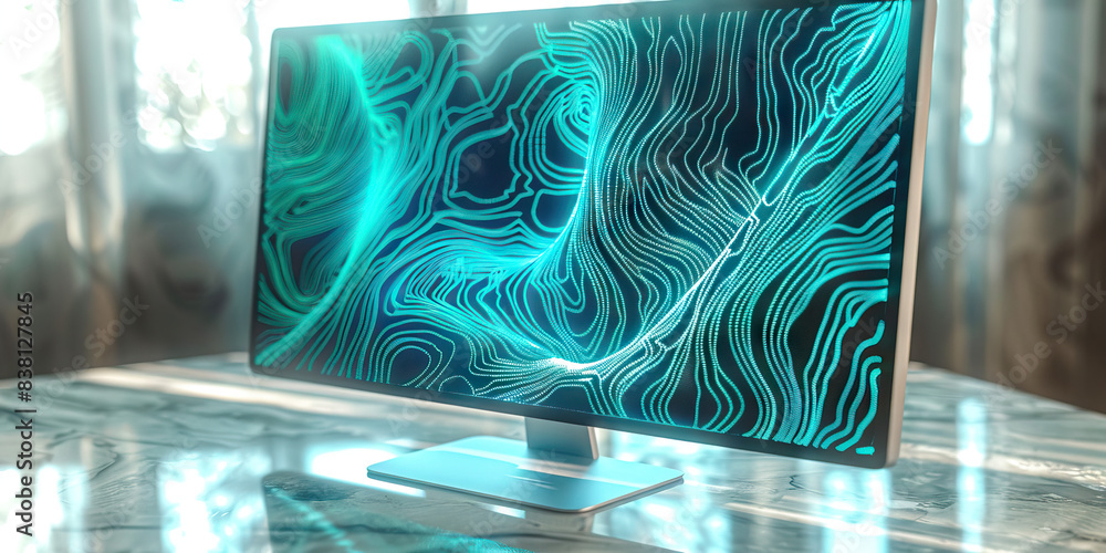 Poster the swirling turquoise tides of data. a computer monitor displaying intricate turquoise patterns, cr