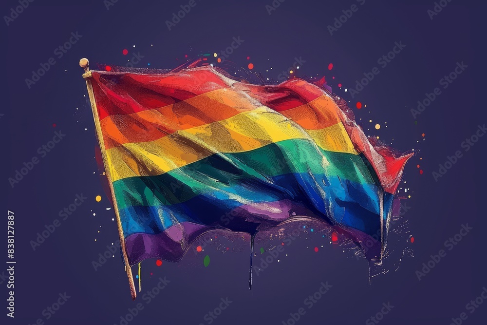 Poster rainbow flag with paint splatters against a dark background symbolizing pride and artistic freedom w