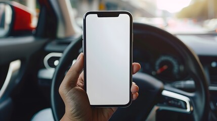 driver hand hold white blank screen mobile phone in a car , steering wheel background