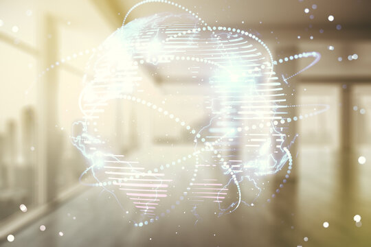 Abstract graphic digital world map hologram with connections on modern interior background, globalization concept. Multiexposure