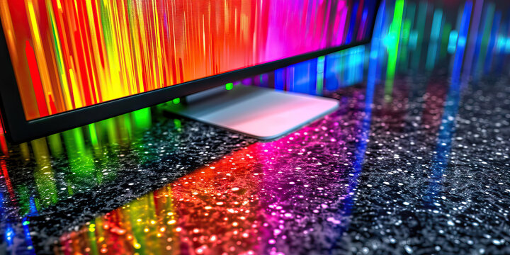The Pulsating Rainbow of Data. A computer monitor displaying an array of colors, reflecting a vibrant rainbow pattern on a smooth, black granite desktop