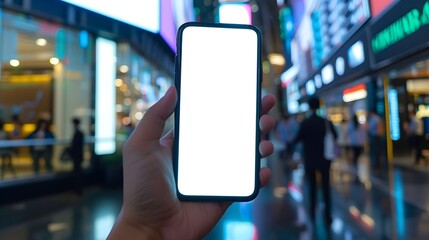 hand hold white blank screen mobile phone on a stock exchange background