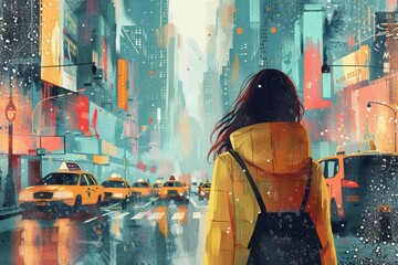 Illustration of a woman with dark hair in a yellow jacket observing a city street with taxis and falling snow