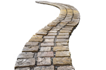 A brick walkway with a curved path