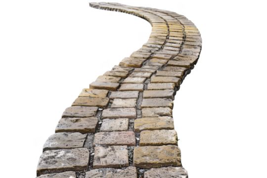 A brick walkway with a curved path