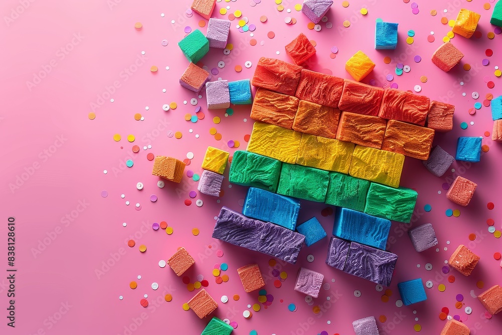 Poster colorful rainbow block pieces against a gradient background symbolizing pride and diversity with vib