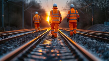 Group of Railway Workers Conducting Track Maintenance at Sunrise