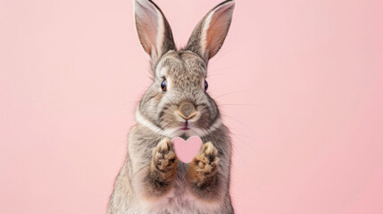 Fototapeta premium A Sweet Brown Rabbit Offering a Pink Heart, Captured on a Warm Pink Background, Exuding a Sentiment of Love