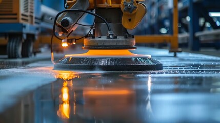 Close-up of a robotic arm grinding and polishing a piece of glass with water and a metal polishing pad. 