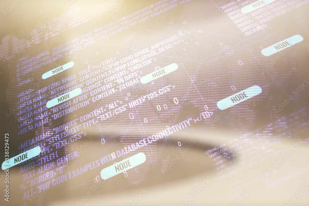 Leinwandbilder multi exposure of abstract programming language hologram and world map on abstract empty interior ba