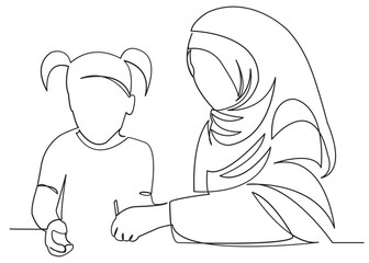 Muslim woman doing homework with her daughter
