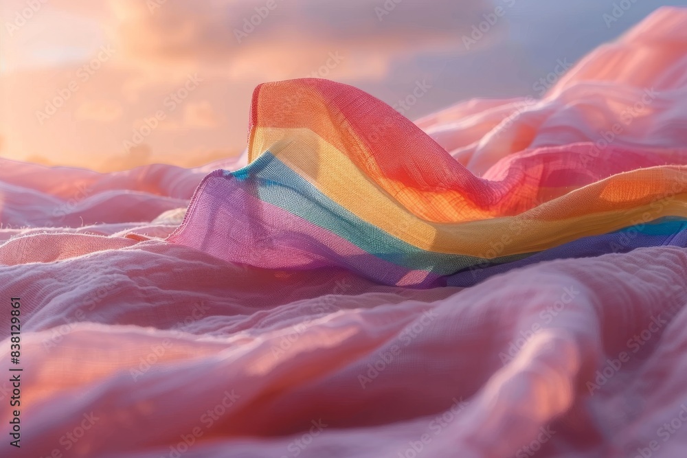 Poster flowing rainbow fabric creating a serene vibrant landscape symbolizing pride and tranquility in an a