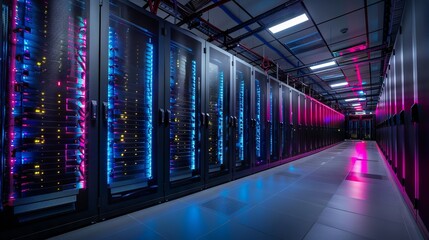 Fototapeta premium Advanced Data Storage Facility Featuring Rows of Servers with Blue and Pink Lights