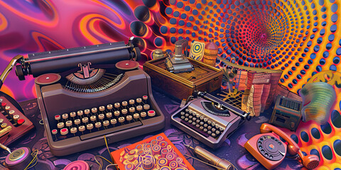 Fototapeta premium The Psychedelic Vortex: A spinning swirl of vintage patterns, cascading over a heap of old-school tech, including a typewriter, rotary phone