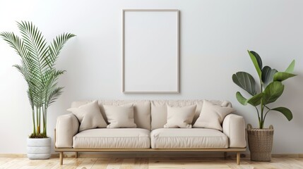 Beige Sofa, Empty Frame, Green Plants, Minimalist Living Room Interior Design