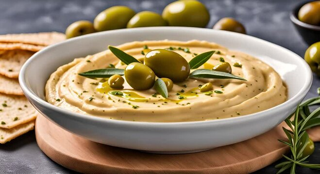 Creamy hummus with olive oil drizzle and green olive topping. Rich hummus served in a ceramic dish, topped with olives and oil. Savory hummus plate garnished with green olives and drizzled olive oil