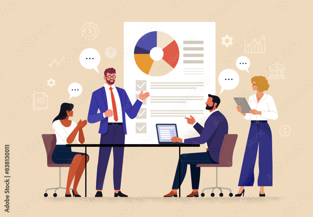 Poster Business Discussion. Vector cartoon illustration in a flat style of a group of diverse people leading a discussion at a table near a whiteboard with charts and graphs. Isolated on background