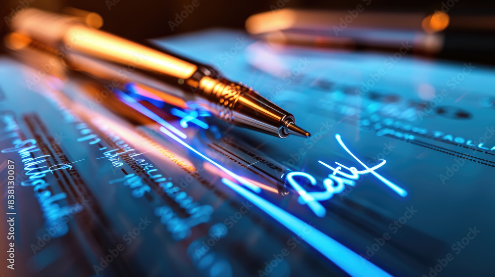 Poster a close-up image of a pen resting on a blue document with a signature in blue ink