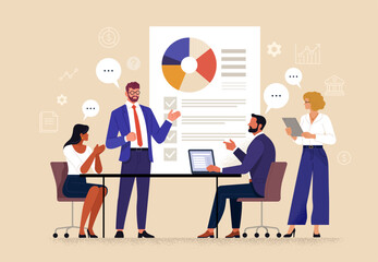 Business Discussion. Vector cartoon illustration in a flat style of a group of diverse people leading a discussion at a table near a whiteboard with charts and graphs. Isolated on background