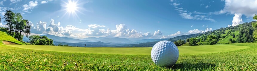 Golf ball on the grass with beautiful landscape background, panoramic view, blue sky and white clouds, sunshine, morning mist in valley below, mountains in distance, trees on hills