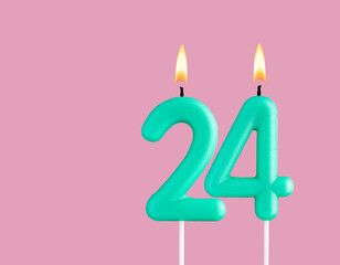 Birthday card with green number 24 candle - Pastel pink background